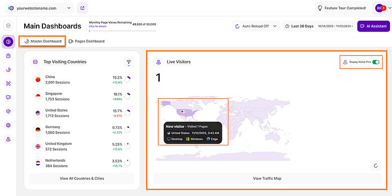 Live Visitors Map in the Master Dashboard