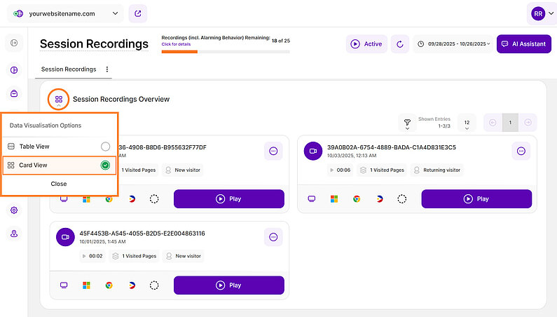 Card view of the Session Recordings